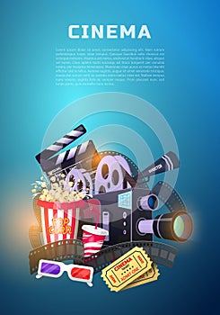 Movie elements set. Vintage cinema, entertainment and recreation with popcorn. Retro poster background. Clapperboard and