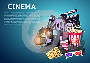 Movie elements set. Vintage cinema, entertainment and recreation with popcorn. Retro poster background. Clapperboard and