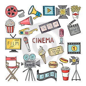 Movie entertainment vector icon set. Pictures in hand drawn style