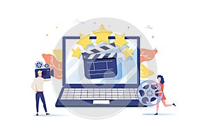 Movie festival, online cinema vector illustration concept, people watching movie by online streaming, millenial vlogger