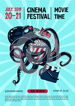 Movie festival poster with octopus and cinema equipment. Cinematography web banner template. Cartoon vector illustration photo