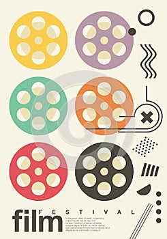 Movie festival poster template with abstract film reel icons
