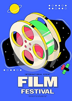 Movie festival poster template design with film reel modern vintage retro style