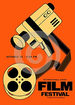 Movie and film festival poster template design background vintage retro style with film camera