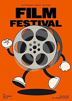 Movie and film festival poster template design with vintage retro film reel mascot character