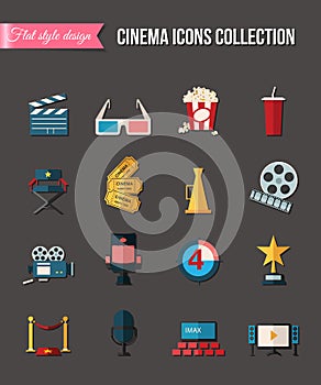 Movie and film icons set. Flat style design. Vector illustration.