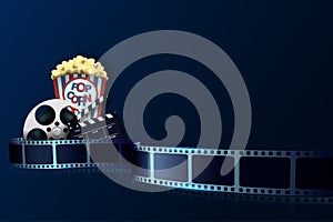 Movie film reel, film stripe, clapper board, popcorn isolated on blue background. Cinema tape or film strip with empty