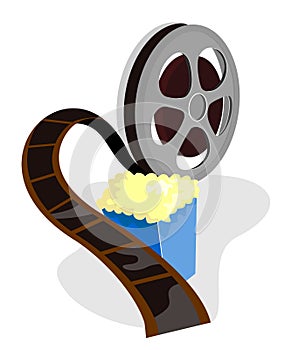 Movie film reel with popcorn