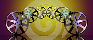 Movie film reels are seen in this 3-D illustration about the cinema industry and films in general