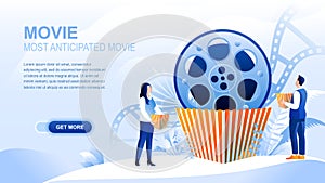 Movie flat landing page with header, banner vector template. Most anticipated movie, cinematography, film watching website layout photo