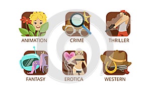 Movie Genre with Animation, Crime, Thriller, Fantasy, Erotica and Western Image Vector Set photo