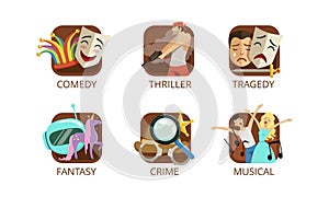 Movie Genre with Comedy, Thriller, Tragedy, Fantasy, Crime and Musical Image Vector Set