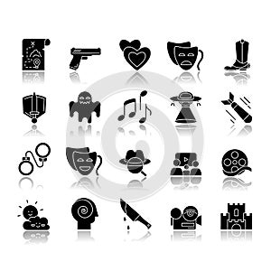 Movie genres drop shadow black glyph icons set. Cinematography, filmmaking industry, cinema business. Different common