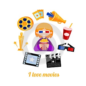 Movie goer girl cinema icons set.