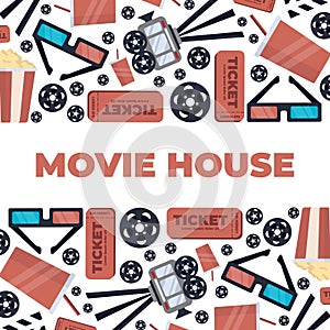 movie house, cinema, filmmaking, horizontal baner. popcorn bucket, drink, movie camera, ticket, 3d glasses, videotape, movie