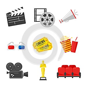 Movie icon set. Colorful icons on the cinema theme in flat style.