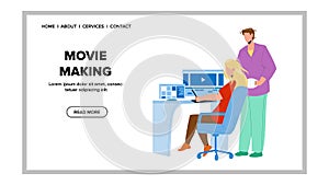 Movie Making Editor Team Couple On Computer Vector