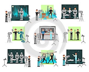Movie making set, operators and cinematograph people, vector Illustrations isolated