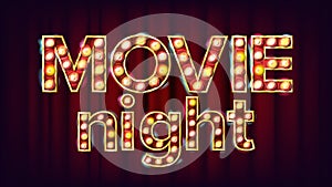 Movie Night Background Vector. Theatre Cinema Golden Illuminated Neon Light. For Theater, Cinematography Advertising