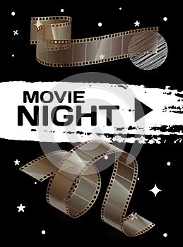 Movie night banner with cinema movie and photography 35 mm film strip template in vintage style