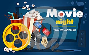 Movie night concept with popcorn, cinema tickets, drink, tape in cartoon style. Movie or cinema banner design. Vector movie