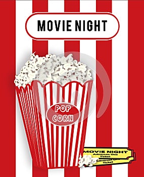 Movie Night Graphic Illustration with Carton of Popcorn isolated on Red/White Stripes