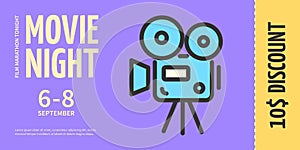 Movie Night Party Concept Horizontal Placard Poster Banner Card Coupon. Vector