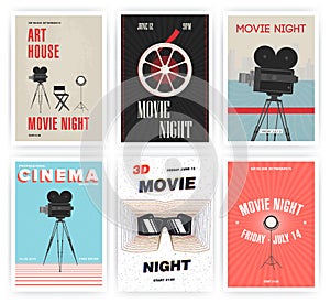 Movie night poster set. Cinema events different advertising placards. Colorful vector illustration.