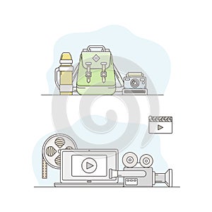 Movie and photographic equipment set. Film reel, laptop computer, camera and backpack vector illustration