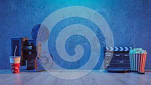 Movie podium background with movie objects, 3d rendering