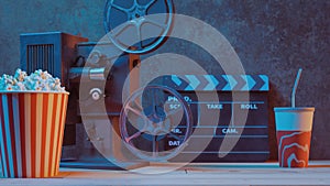 Movie podium background with movie objects, 3d rendering