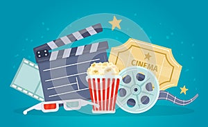 Movie poster with film reel, clapboard, popcorn and tickets. Banner for watch movies with 3d glasses. Cartoon cinema