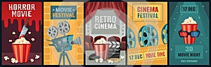 Movie poster. Horror film, cinema camera and retro movies night posters template vector illustration set