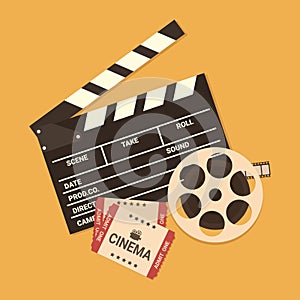 Movie poster template. Retro Cinema background with an open clapper board, film reel and movie tickets