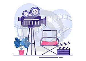 Movie Premiere Show or Cinema with Camera, Popcorn, Clapperboard, Film Tape and Reel in Flat Design Background Illustration