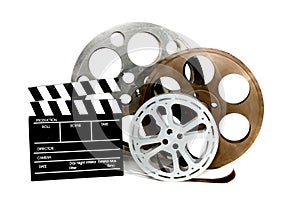 Movie Production Clapper and Film Tins on White