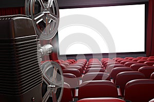 Movie projector and blank cinema screen with empty seats. Cinema