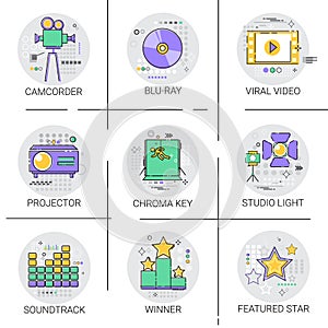 Movie Projector Film Cinema Production Technology Icon Set Studio Light Soundtrack Collection