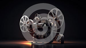 A movie projector and film reels on a dark background. Cinema concept. Generative Ai