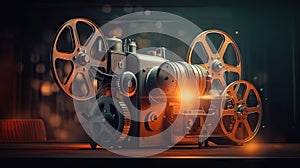 A movie projector and film reels on a dark background. Cinema concept. Generative Ai