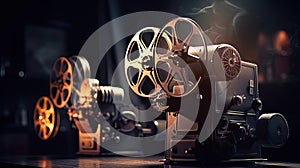 A movie projector and film reels on a dark background. Cinema concept. Generative Ai