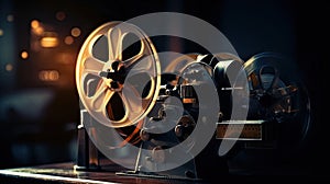 A movie projector and film reels on a dark background. Cinema concept. Generative Ai