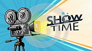 Movie projector on tripod. Entertainment show, cinema concept. Retro film camera vector illustration