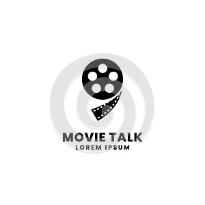 Movie quote talk vector logo design. Film roll illustration with speech mark message concept graphic template
