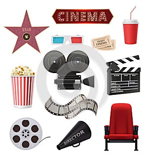 Movie realistic. Cinema objects camera camcorder film tape clapperboard vector collection