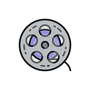 Movie reel, cinema roll, film strip flat color line icon.