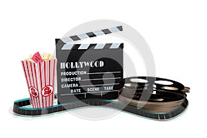 Movie reel with clapboard and popcorn
