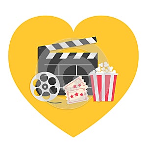 Movie reel Open clapper board Popcorn box package. Ticket Admit one. Three star. Heart shape. I love cinema icon set. Flat design