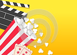 Movie reel Open clapper board Popcorn bucket box package Ticket Admit one. Three star. Pop corn falling. Cinema icon set. Flat des