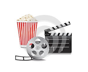 Movie reel, popcorn and clipper board illustration